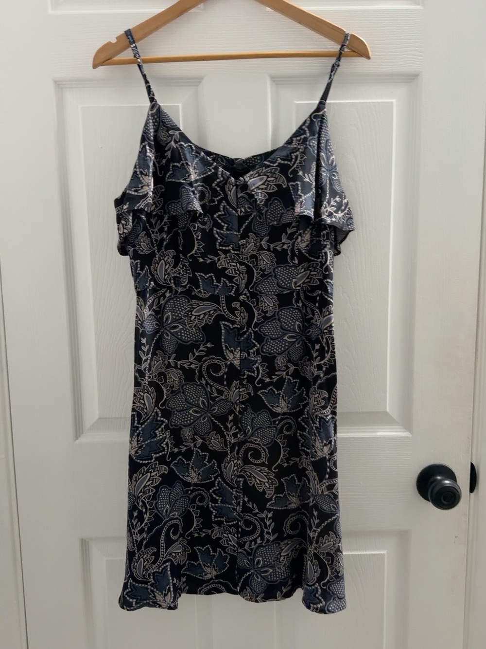 Sanctuary Navy and White Paisley Slip Dress with Ruffle Trim